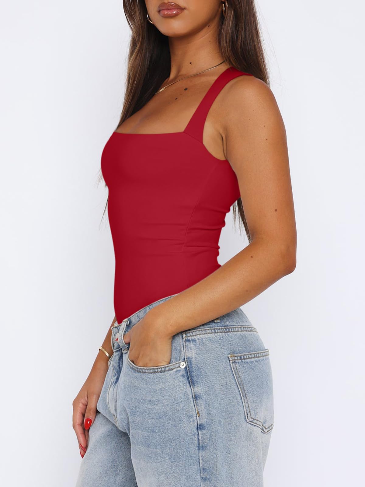 REORIA Womens Summer Sexy Sleeveless Square Neck Double Lined Going Out Cute Thong Bodysuit Tank Tops Red X-Small