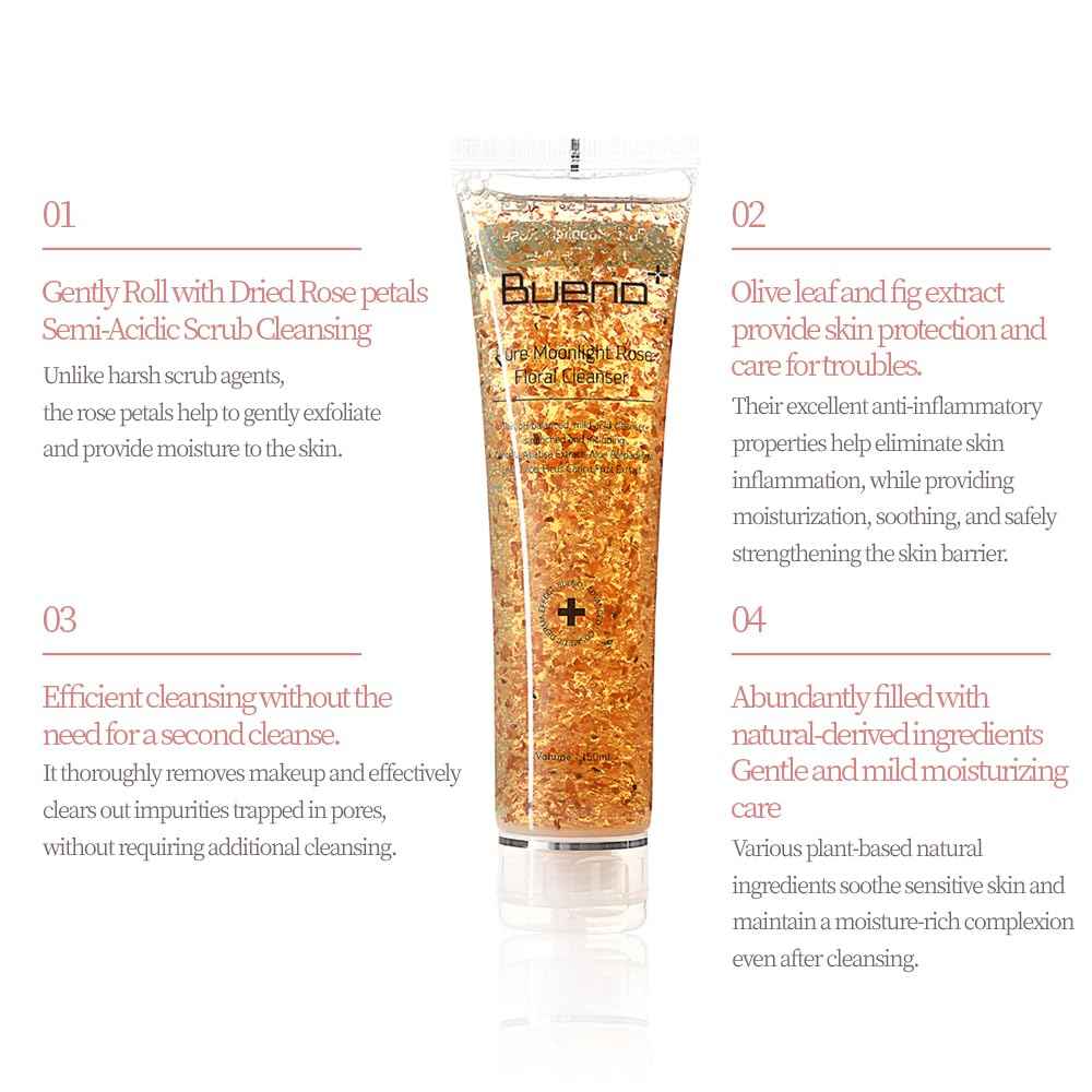 Bueno+ Pure Moonlight Rose Floral Cleanser | Anti-Aging Gentle Face Wash with Rose Petals for All Skin | Exfoliating and Moisturizing | Vegan Gel Rich in Antioxidantsl 5.03 fl.oz