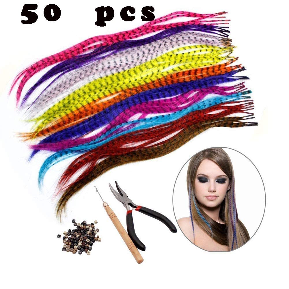 Feather Hair Extension Kit with Synthetic Feathers 100 Beads Plier and Hoo (50 Feather)