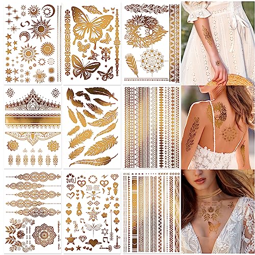Gold Temporary Tattoos - 9 Sheets, 110+ Metallic Designs