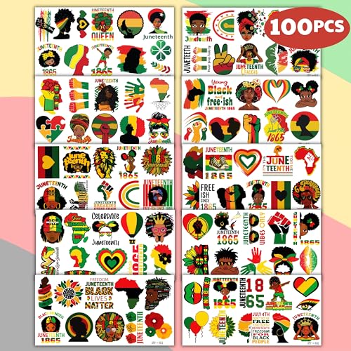 100PCS Juneteenth Temporary Tattoos - Black History Month Sticker for Kids | Birthday Decorations, African American, Afro African Themed Party Favors and Supplies | Cute Kids Boy Gifts | Ideal Prizes