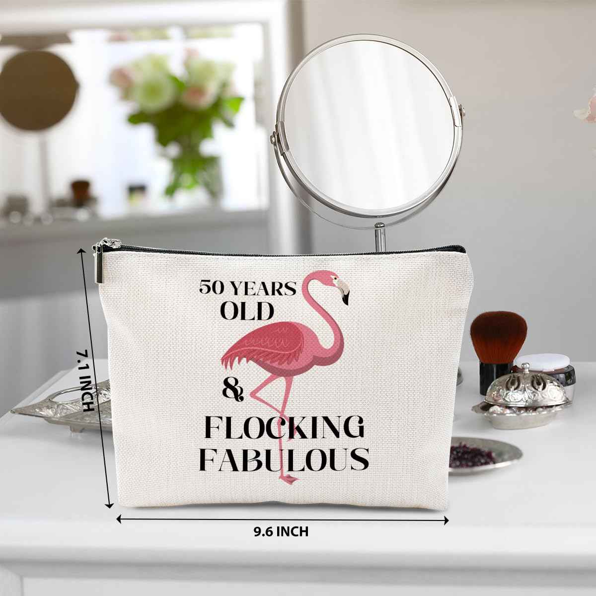 BQXH 50th Birthday Gifts for Her, Gifts for 50th Birthday Woman, Flamingo Gifts Funny Makeup Bag, 50 Year Old Gifts for Women Grandma Mom, Turning 50 Cosmetic Bag, Flamingo Lover Gifts Toiletry Bag