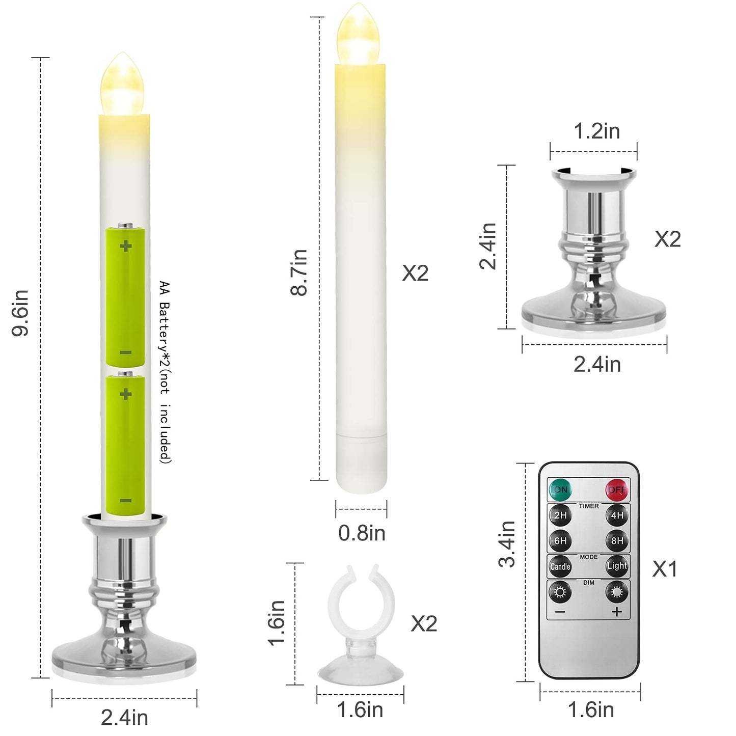 Window Candles 2 Pack Battery Operated Flameless Taper Candles Christmas Window Candles Light with Remote Control, Timer, Removable Silver Holder and Suction Cup for Home Christmas Decorations