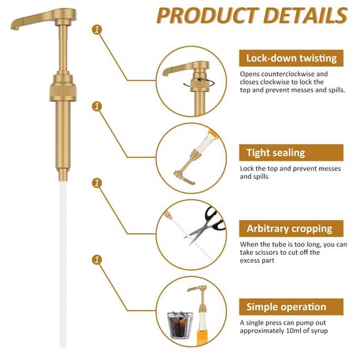 8Pcs Coffee Syrup Pump for 750ml Syrup Bottle Reusable Pump Bottle Dispenser No Dripping Pressed Coffee Syrup Pump Dispenser with 2 Spoons Gold Pump Dispenser Replacement for Tea Coffee