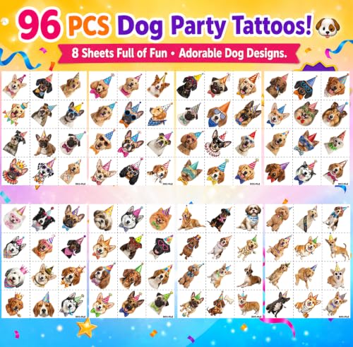 Dog Temporary Tattoos - 96 PCS Pet Stickers for Kids