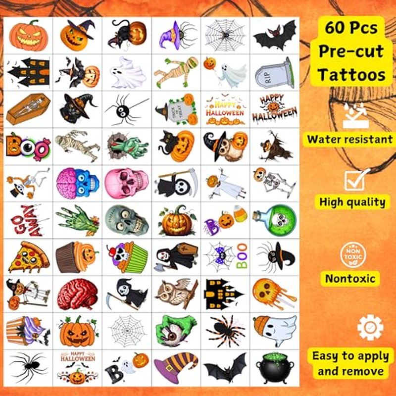 Halloween Temporary Tattoos | Halloween Decorations Party Favors Supplies D?cor Accessories Stickers Pumpkin Trick Or Treat Skull Skeleton Owl Ghost Bat Gift Idea For Kids Boy Girl Teen Adult-60Pcs
