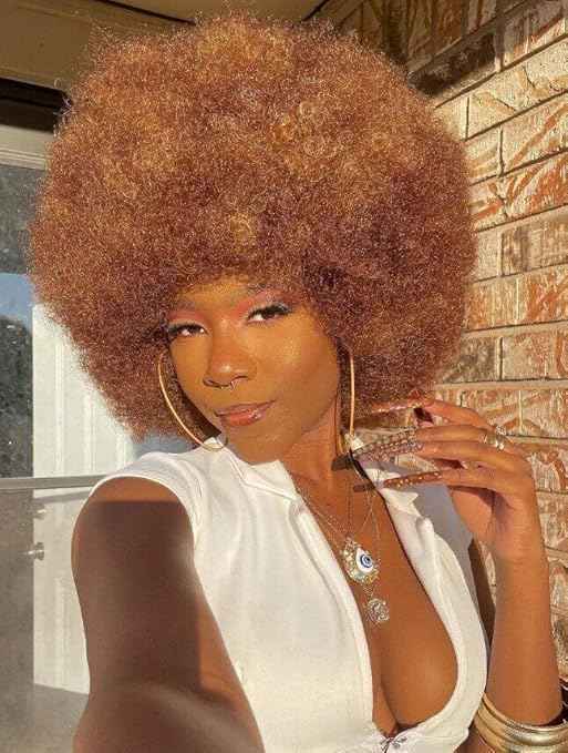 HOTJAR Afro Wigs for Black Women 70s Mixed Brown Afro Kinky Curly Wig Bouncy Huge Fluffy Puff Wigs Synthetic Hair for Cosplay Daily and Party (30#)