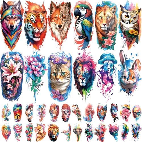 77 PCS Temporary Tattoos for Adults & Kids - Realistic Animal & Flower Designs