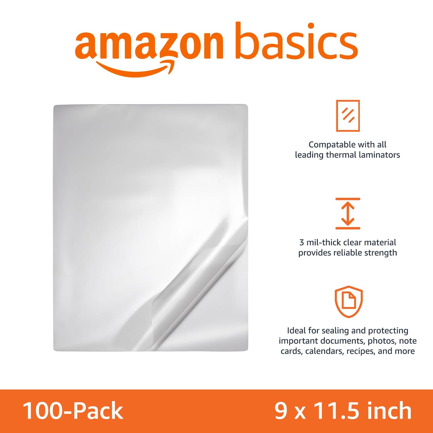 Amazon Basics Clear Thermal Laminating Plastic Paper Laminator Sheets - 11.5 x 9.0-Inch, 100-Pack, 3 mil