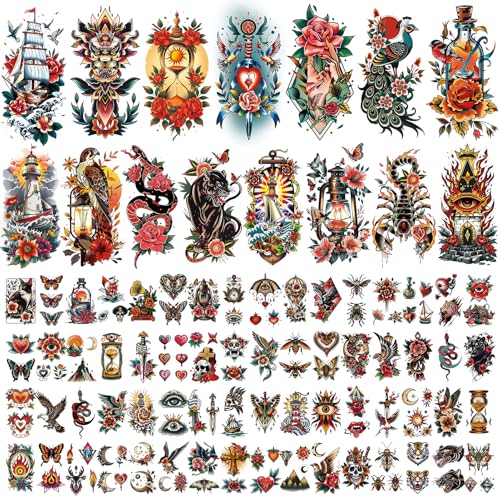 Cerlaza 79 Sheets Temporary Tattoos - Classic Old School Designs