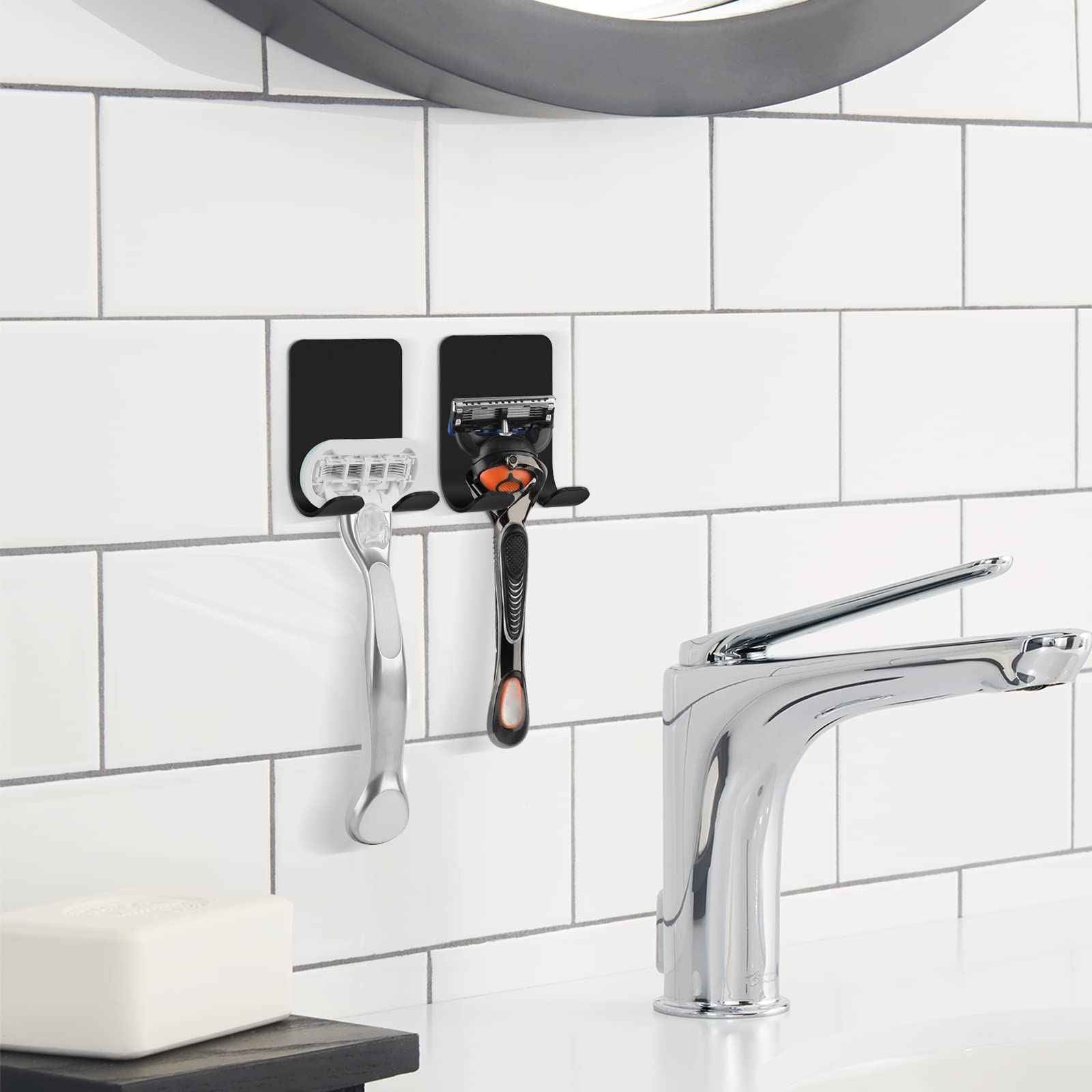 Linkidea 2 Packs Wall Mount Razor Holder for Shower, Stainless Steel Self Adhesive Shaver Hooks, Sticky Hanger Compatible with Venus Platinum, Fusion 5 Proshield, Mach 3 Classic (Black)