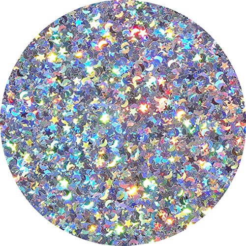 Hemway Premium Ultra Sparkle Glitter Multi-Purpose Metallic Flake for Nail Art, Cosmetic Graded, Makeup, Festival and Hair 100g / 3.5oz - Ultrafine (1/128 0.008 0.2mm) - Silver Holographic Stars Moons