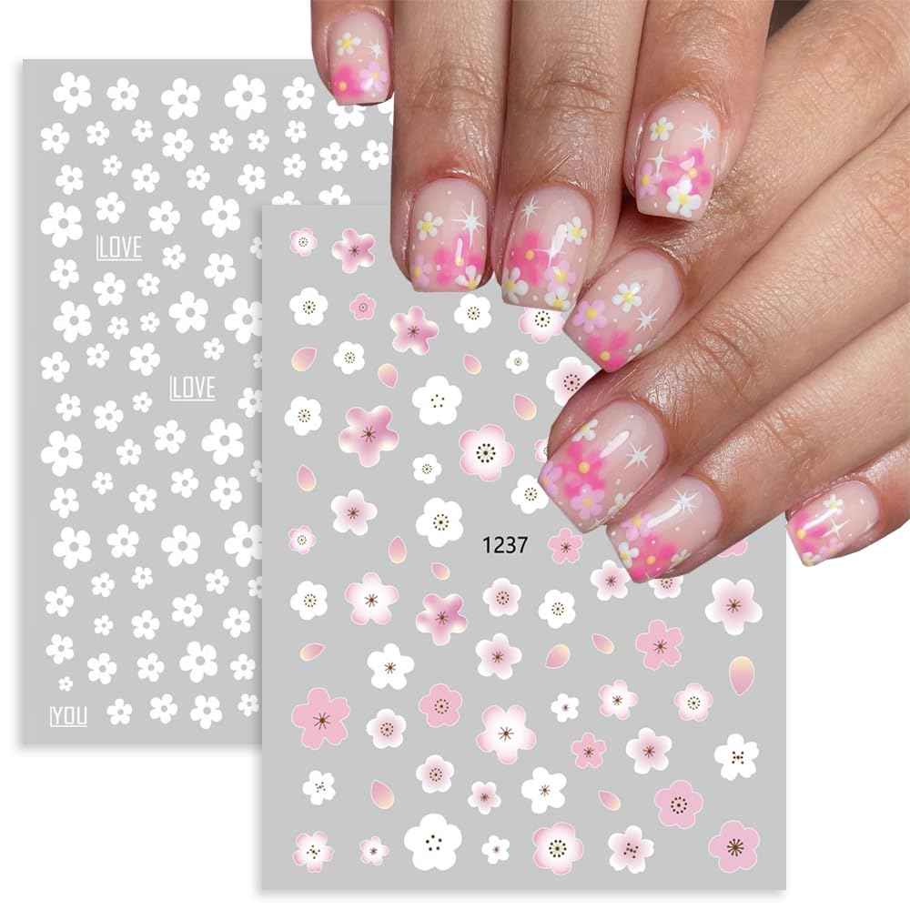 Flower Nail Art Stickers, Floral Daisy Nail Decals 3D Self-Adhesive Pink White Cute Daisy Small Flower Spring Summer Nail Design Manicure Tips Nail Decor Accessories for Women Girls(6Sheets)