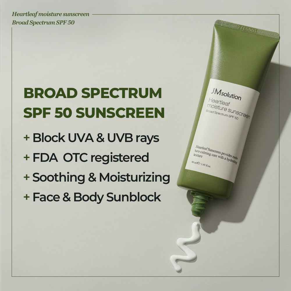JMsolution Heart Leaf Sunscreen SPF 50 – Made in USA, Calming UV Protection with Heart Leaf & Centella Asiatica – Lightweight Hydrating Face Sunscreen for Sensitive Skin