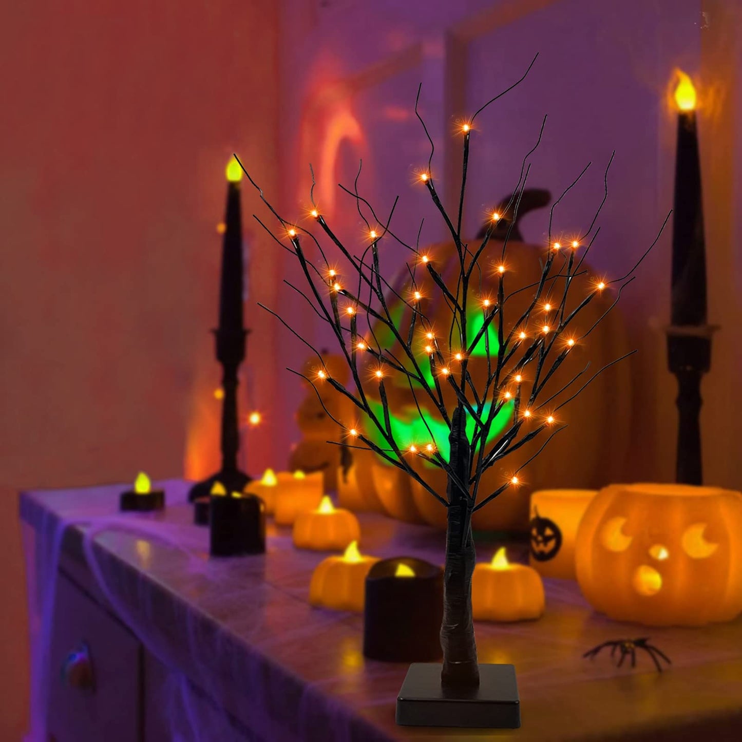 [ Timer ] TURNMEON 24" Black Halloween Tree with 36 LED Orange Lights Battery Powered Halloween Spooky Birches Tree Tabletop Trees for Halloween Decoration Indoor Home Decor