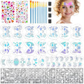 58PCS Face Paint Stencils Kit Includes 36 Reusable Facial Painting Stencils, 6 Sheets Tattoo Templates Stickers, 10 Brushes, 2 Pack Adhesive Gems, 4 Sponge for Halloween Festival Party Makeup