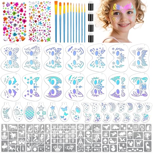 58PCS Face Paint Stencils Kit Includes 36 Reusable Facial Painting Stencils, 6 Sheets Tattoo Templates Stickers, 10 Brushes, 2 Pack Adhesive Gems, 4 Sponge for Halloween Festival Party Makeup