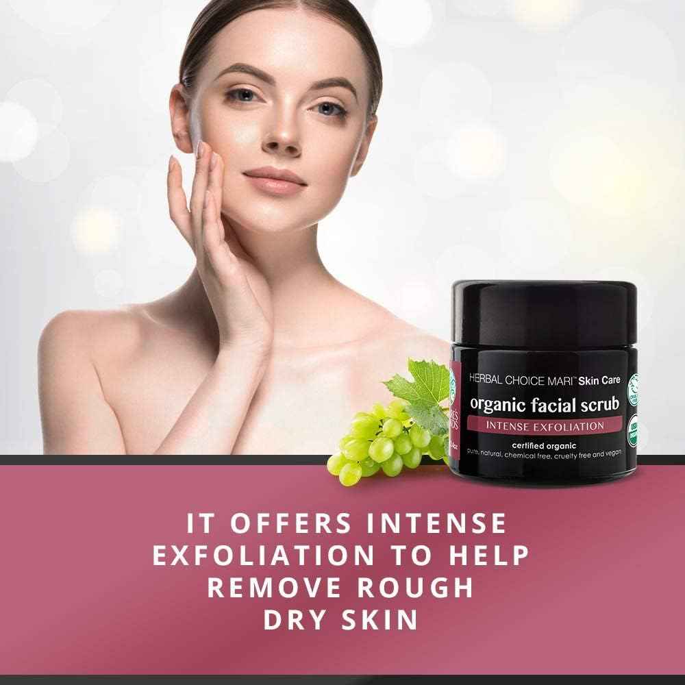 Organic Facial Scrub by Herbal Choice Mari (3.4 Fl Oz Glass Jar) - Intense Exfoliating Face Wash with Brown Sugar, Sea Salt, Shea Butter, and Grape Seed - For Dry Skin - No Toxic Chemicals