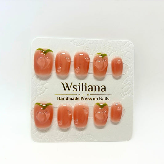 Wsliana Handmade Press On Nails - Orange Short Square Shape with 3D Peach Fruit Design, 10pcs Glue On Acrylic Fake Nails with Storage Box | Stylish and Cute (038 S)