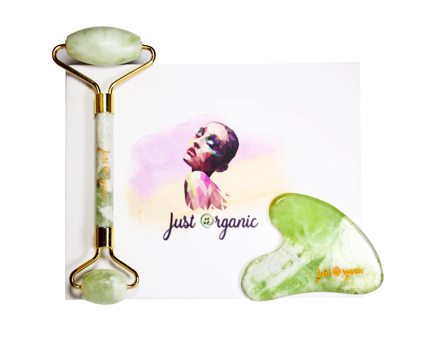 Just Organic Jade Roller & Gua Sha Set Facial Beauty Tools, Face Roller Skin Massager for Face, Neck and Eye Treatment Ice Roller for Skin Care Routine & Puffiness Relief (Green)