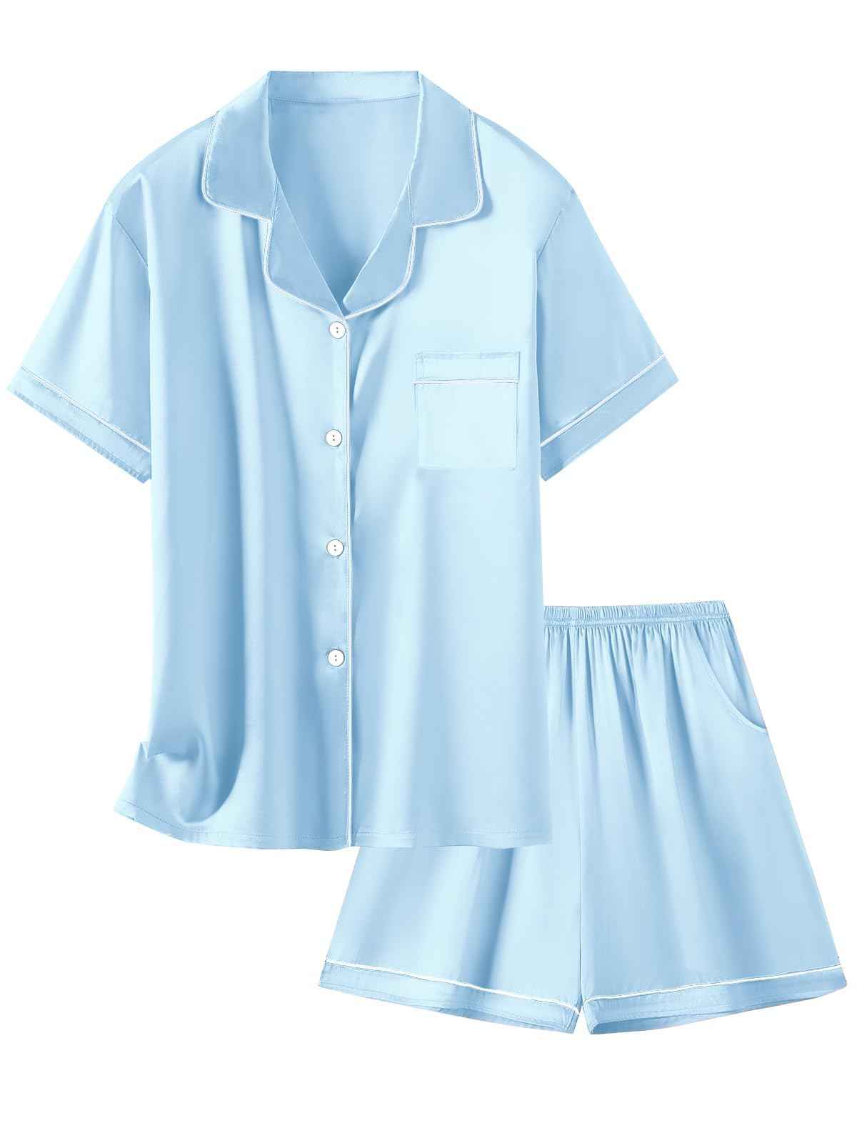 Satin Pajamas for Girls Silk Button Down PJ Set Sleepwear, Blue, 13-14 Years