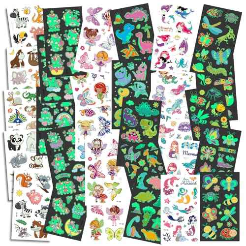 300pcs (30 Sheets) Glow-in-the-Dark Temporary Tattoos for Kids - Unicorn, Dinosaur, Mermaid, Fairy, Animals £¦ Butterfly - Temporary Tattoos for Boy £¦ Girls, Party Favors