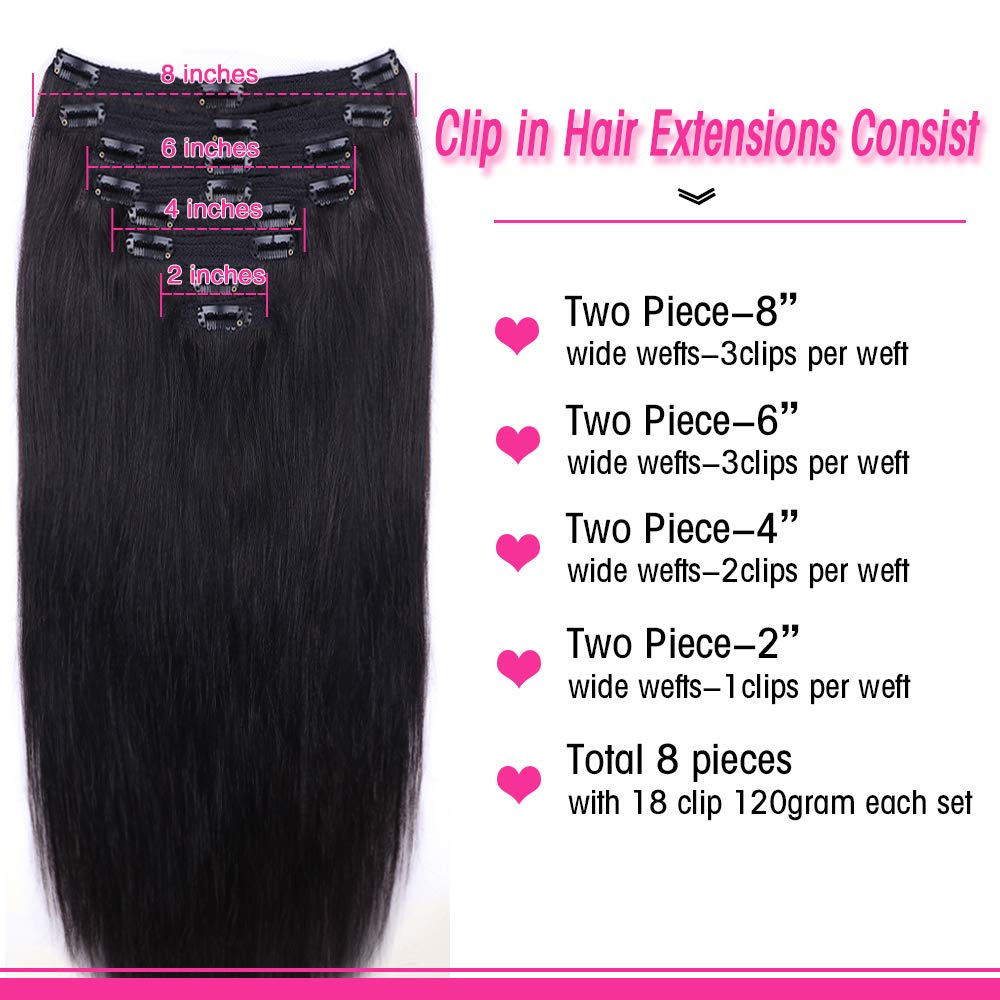 Straight Human Hair Clip in Hair Extensions for Black Women 100% Unprocessed Full Head Brazilian Virgin Hair Natural Black Color,8/Pcs with 18Clips,120 Gram (16inch, Straight hair)