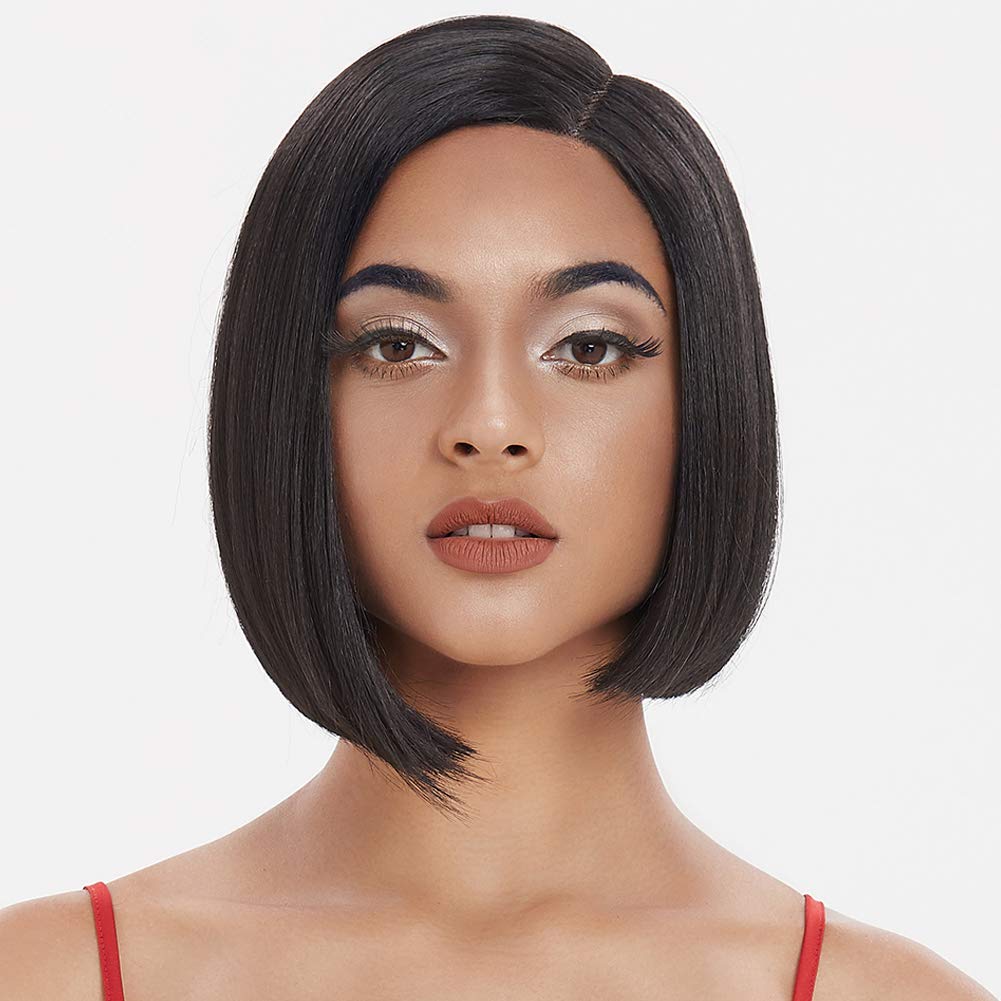 DÉBUT Synthetic Lace Front Wigs for Women, HD Lace Side Part Straight Bob Wig, Short Black Bob Heat Resistant Fibers 1B Color Asymmetrical 9.5 Inches