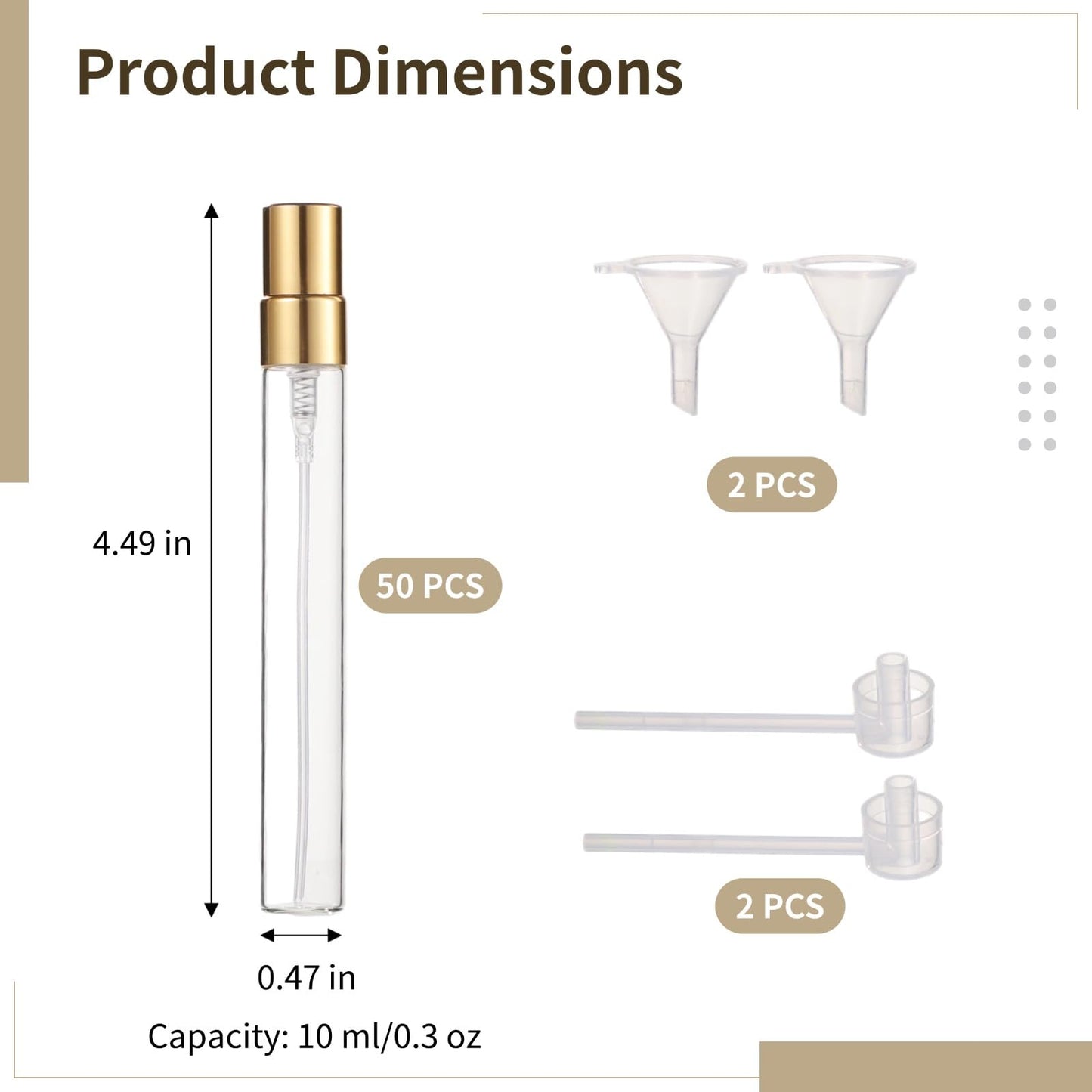 Lnrueg 50 Pcs 10 ml Perfume Bottles - Refillable Glass Mini Spray Bottles, Portable Travel Sample Containers, Fine Mist Atomizers with Caps, Includes 2 Funnels and 2 Dispensers, Ideal for Liquids