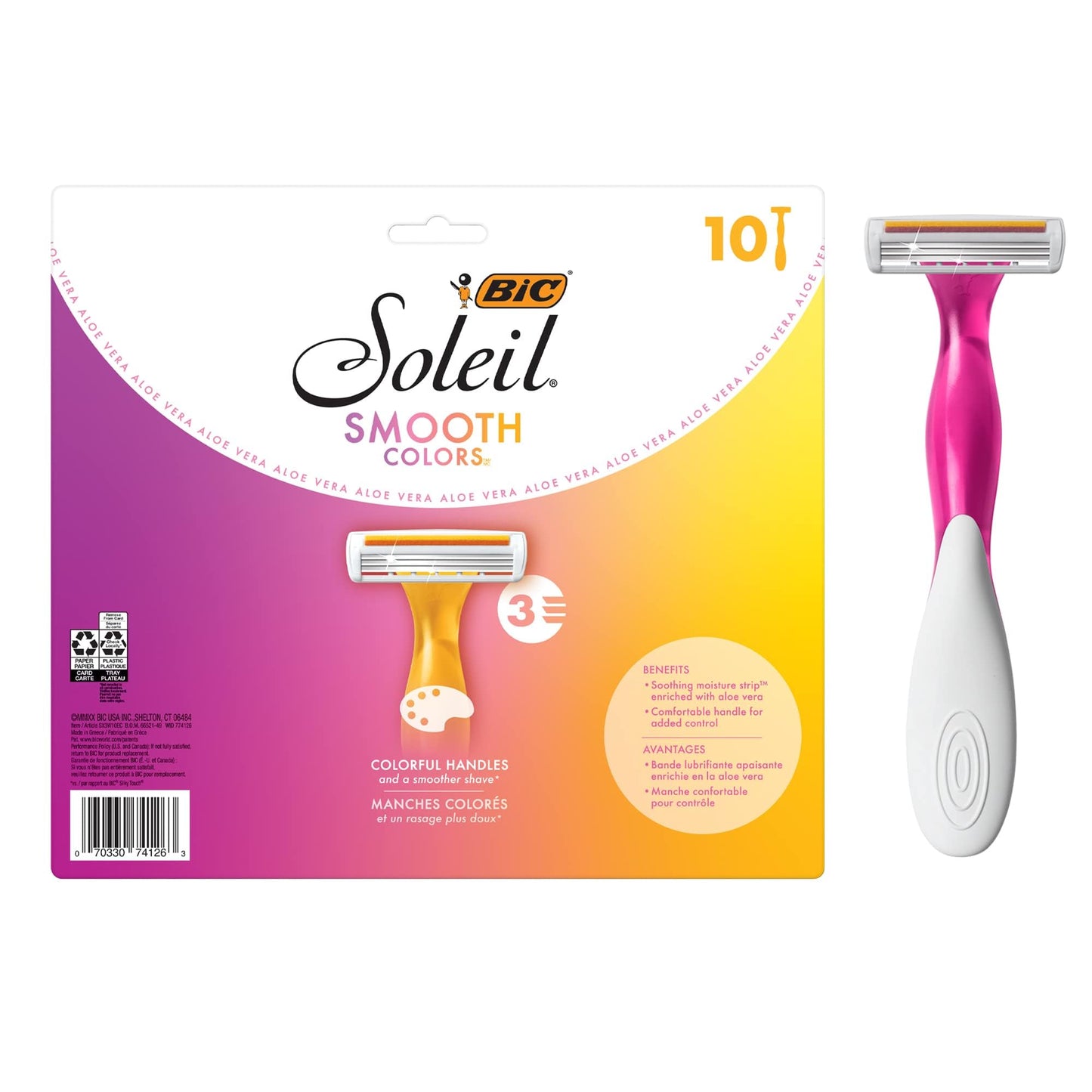 BIC Soleil Smooth Colors Women's Disposable Razors With Aloe Vera and Vitamin E Lubricating Strip, 3 Blades, 14 Count and 10 Count