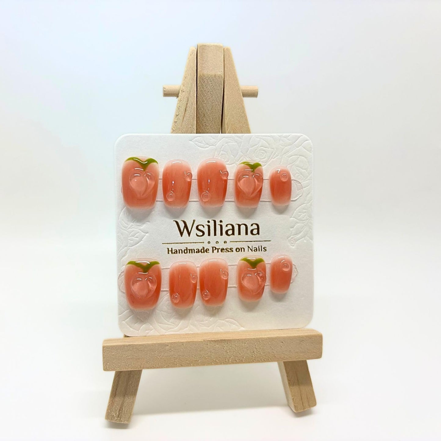 Wsliana Handmade Press On Nails - Orange Short Square Shape with 3D Peach Fruit Design, 10pcs Glue On Acrylic Fake Nails with Storage Box | Stylish and Cute (038 S)