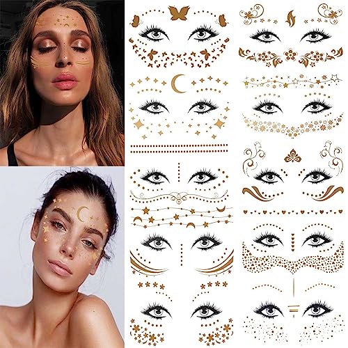 Gold Temporary Tattoo Stickers for Face - 10 Sheet Pack