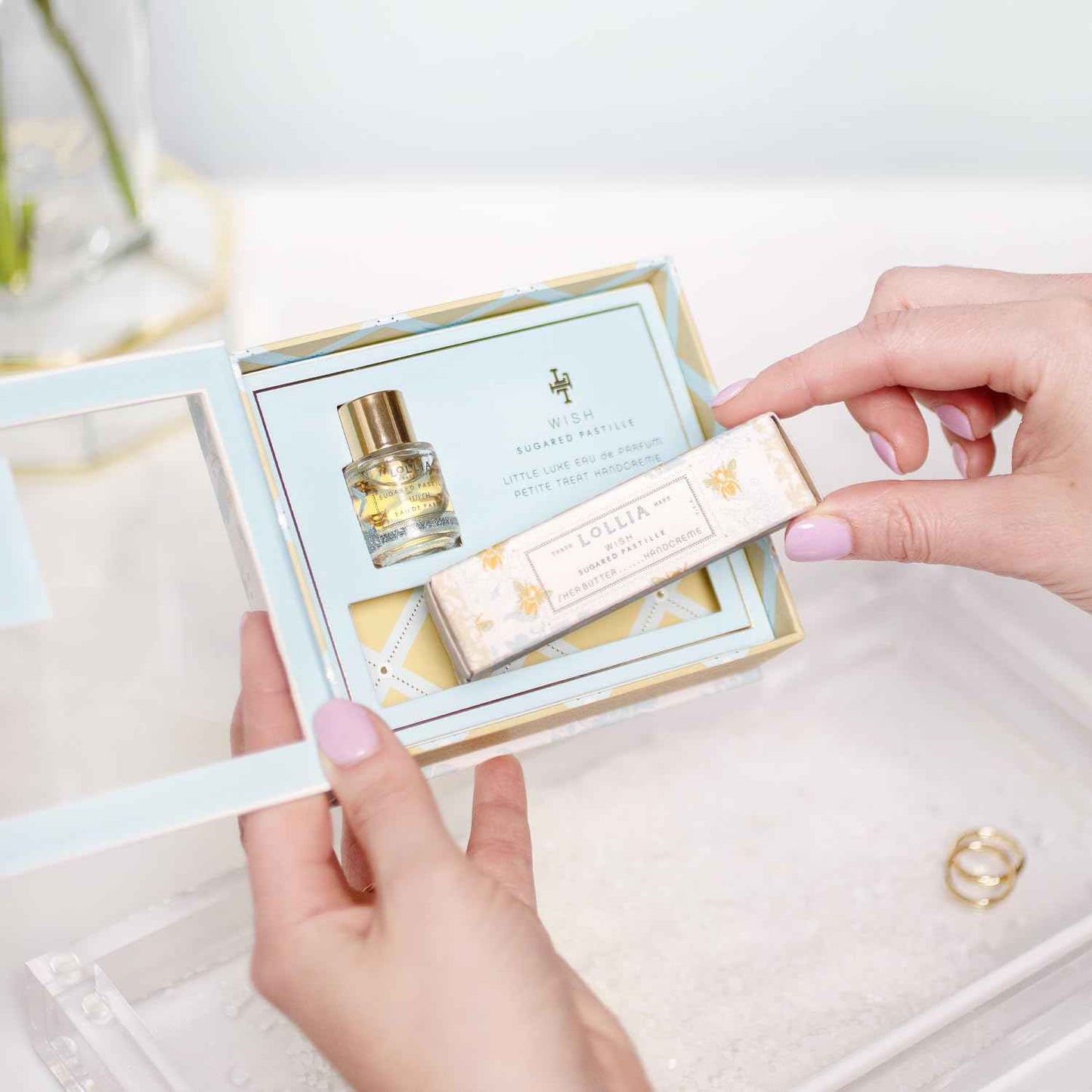 LOLLIA Wish Fragrance Story Gift Set – .16 fl. oz. Eau de Parfum & .33 oz. Petite Treat Handcreme - Sugared Pastille – Shea Butter Hand Cream for Women, Travel Size Perfume, Hand Lotion for Dry Hands