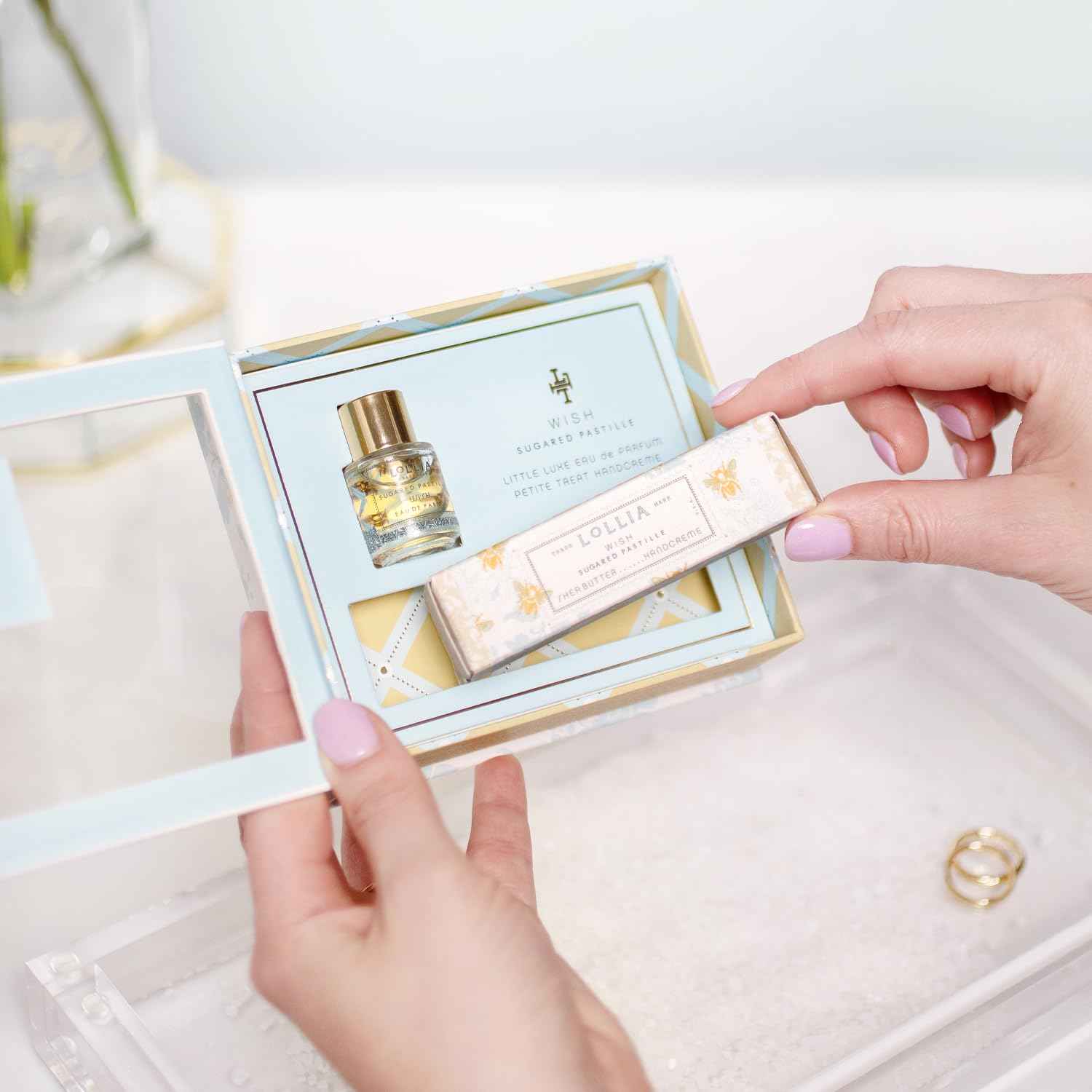 LOLLIA Wish Fragrance Story Gift Set – .16 fl. oz. Eau de Parfum & .33 oz. Petite Treat Handcreme - Sugared Pastille – Shea Butter Hand Cream for Women, Travel Size Perfume, Hand Lotion for Dry Hands