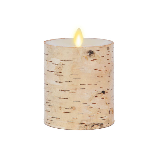 Luminara Flameless Candle Pillar Wrapped with Real Birch Bark - Moving Flame LED Battery Operated Lights - Unscented - Remote Sold Separately (3.5 x 4.5-inch)