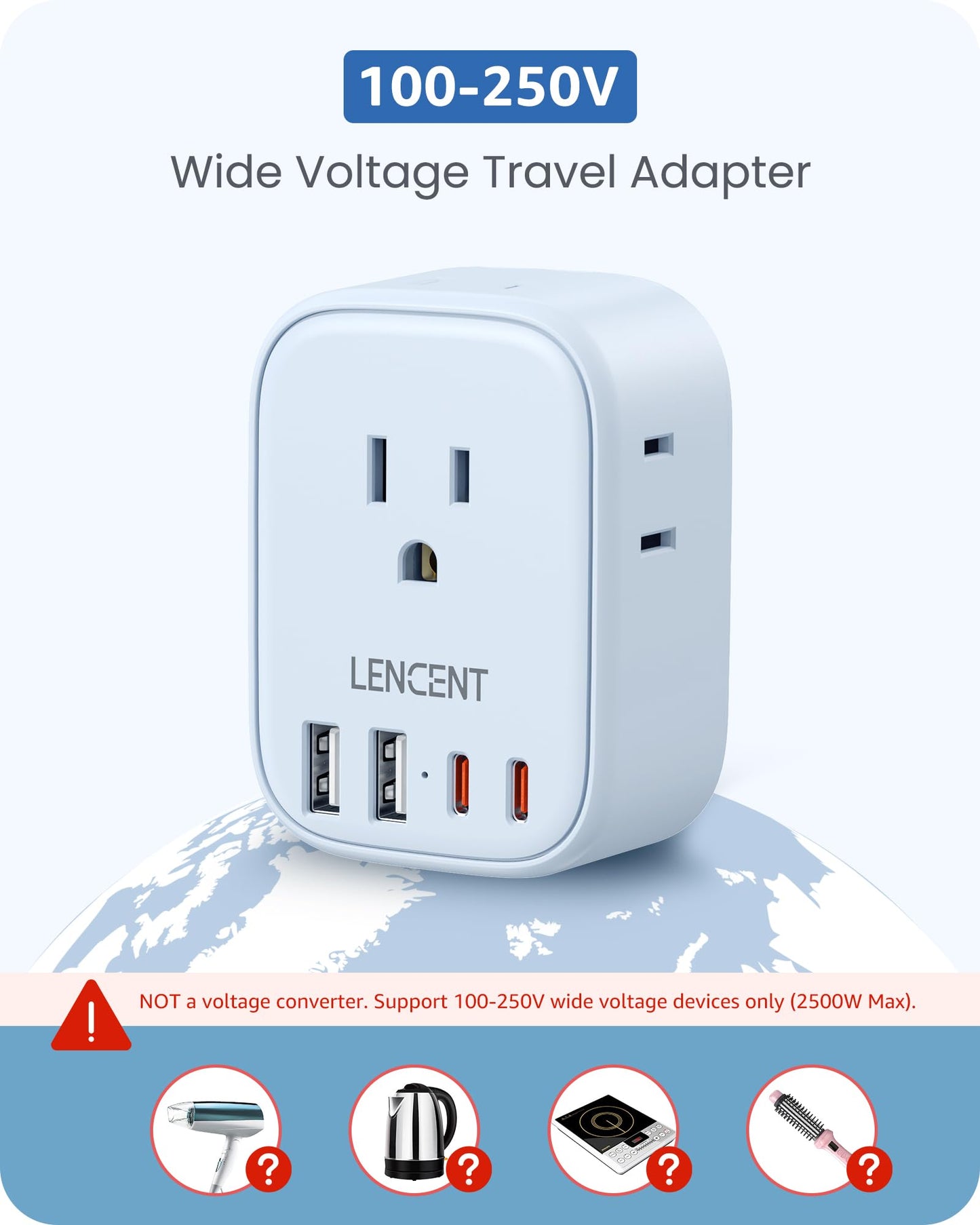 European Travel Plug Adapter, LENCENT International Type-C Foldable Power Plug with 4 Outlets, USB C Charger Adaptor, US to Most of Europe EU Iceland Spain Italy France Germany, Cruise Approved, Blue