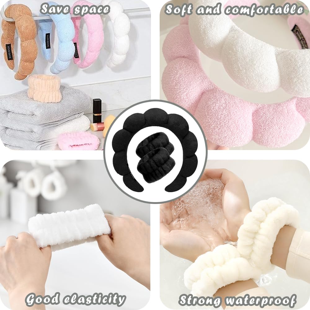 Spa Headbands for Washing Face Wristband Set Sponge Makeup Skincare Headband Wrist Towels Bubble Soft Terry Towel Cloth Hairband for Women Puffy Headwear Non Slip Thick Thin Hair Headwear (Dark blue)