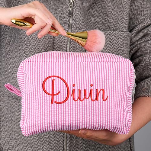 Personalized Cosmetic Bag with Name - Custom Seersucker Makeup Bags for Women, Single Color Embroidery