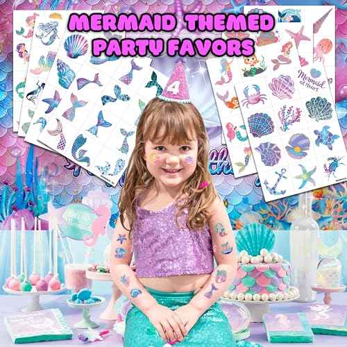 96 PCS Mermaid Ocean Sea Pre-Cut Temporary Tattoos for Kids | Super Cute Themed Birthday Party Favors, Supplies, Decorations, Purple Fake Tattoo Stickers (Multiple)