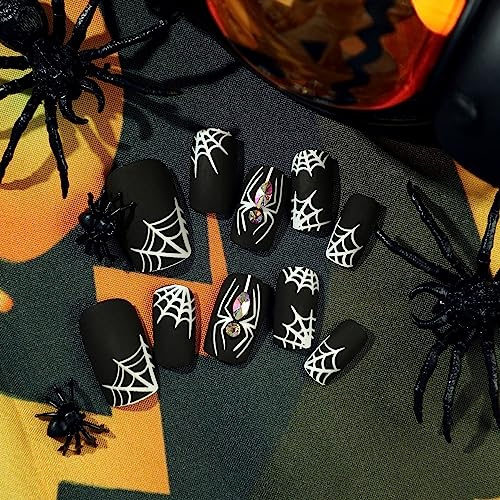 Halloween Press on Nails Short Fake Nails Full Cover Red French Tip Stick on Nails Artificial Nails with Blood Droplet Designs Square Acrylic Nails Glossy Glue on Nails for Women Girls 24pcs