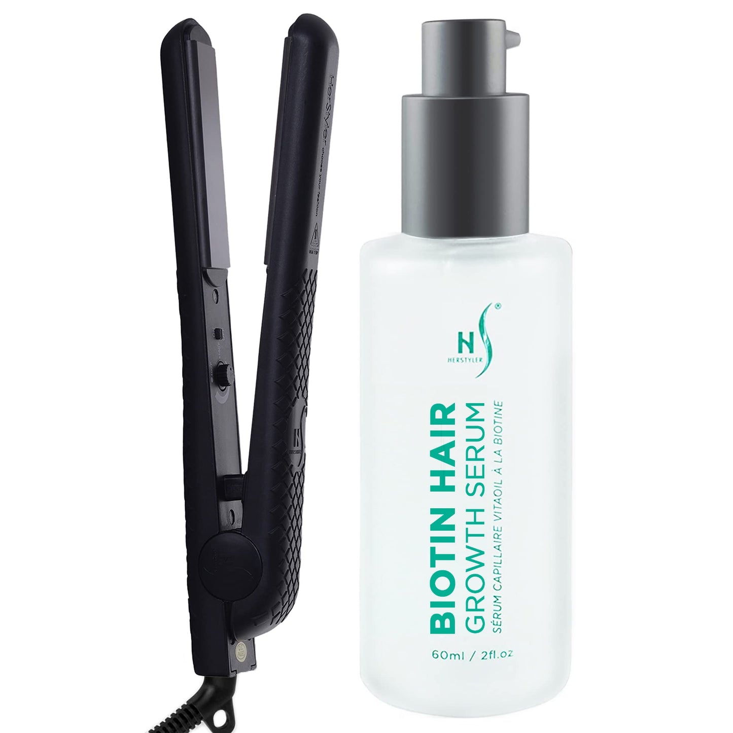 Herstyler Forever Straightening Flat Iron, Ceramic Hair Straightener and Herstyler Biotin Hair Growth Serum Set