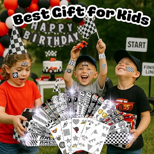 72PCS Checkered Flag Party Set - 48PCS Temporary Tattoos & 24PCS Slap Bracelets - Racing-Themed Birthday Supplies, Baby Shower Gifts, Classroom Rewards & Party Decor