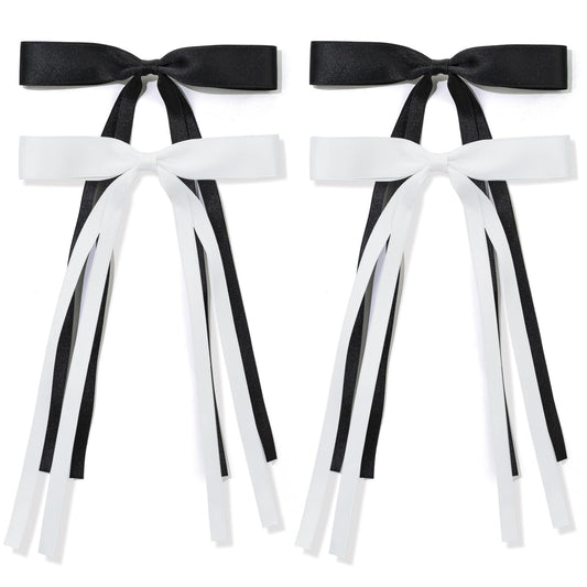 Ambesi Tassel French Ribbon Bowknot Hair Clips and Barrettes - Black White Long Tail Hair Bows for Women, Girls, Birthday, Party, Show, Christmas