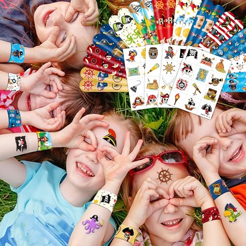 72-Piece Pirate Party Favors Set - Temporary Tattoos & Slap Bracelets