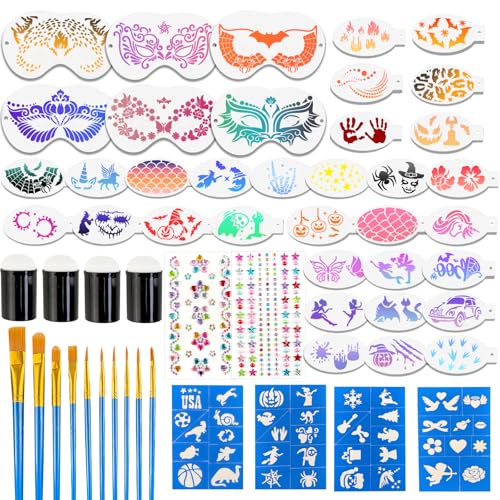 56Pc Face Painting Stencil Kit with Brushes & Gems