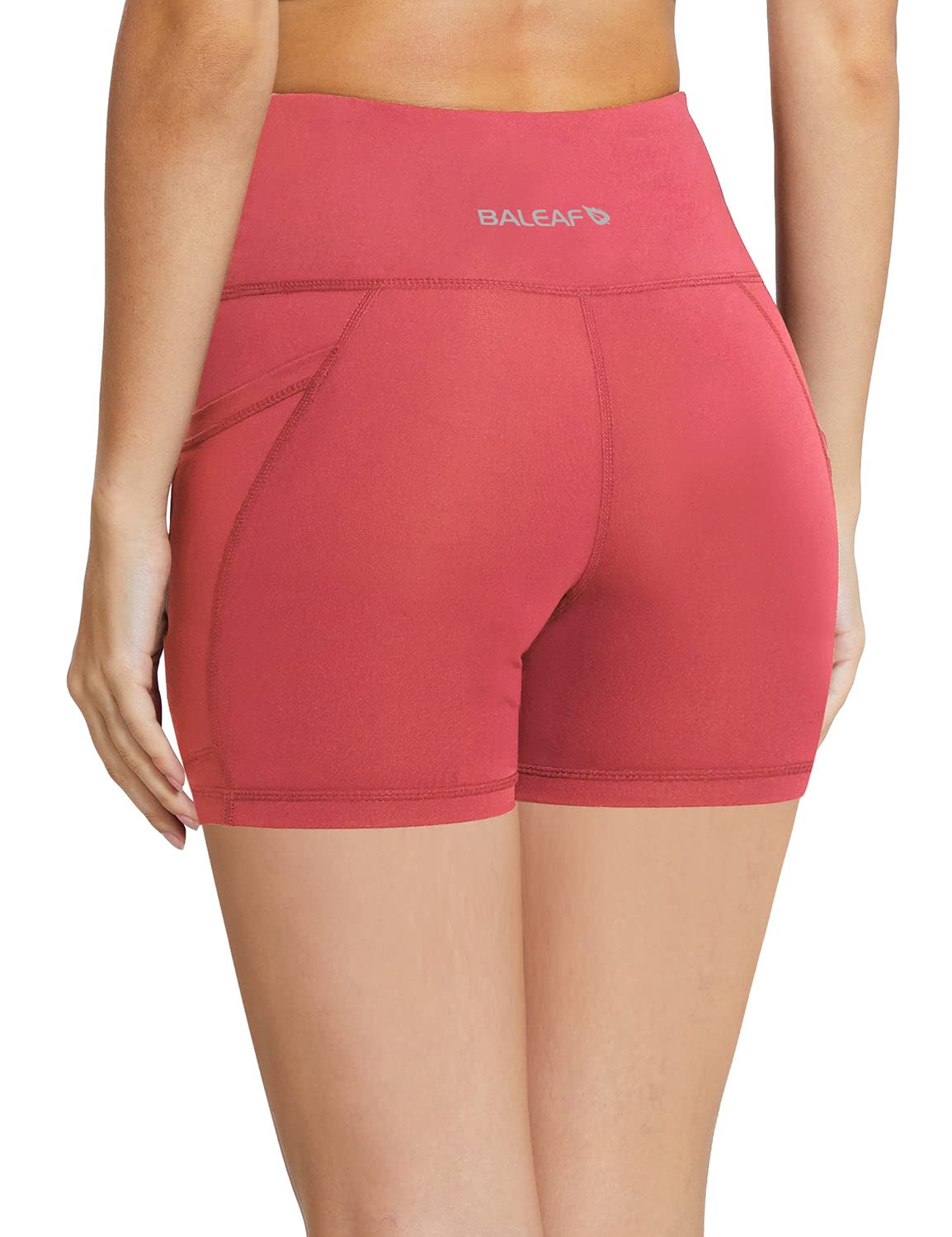 BALEAF Biker Shorts Women Yoga Gym Workout Spandex Running Volleyball Tummy Control Compression Shorts with Pockets 5" Coral XS