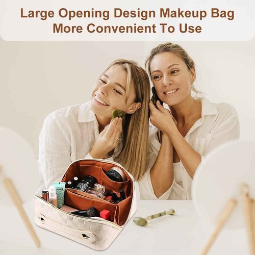 Cessfle Large Capacity Travel Cosmetic Bag, Boho Purple Makeup Bag Waterproof Leather Travel Toiletry Bag Woven Open Flat Makeup Organizer Bag