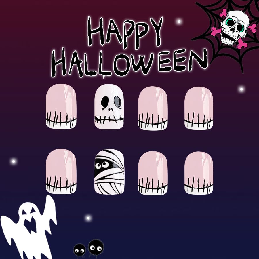 Halloween French Tip Press on Nails Short Square Fake Nails, Pink Press on Nails with Mummy Designs Halloween Glue on Nails Full Cover False Nails Halloween Nails for Women 24Pcs