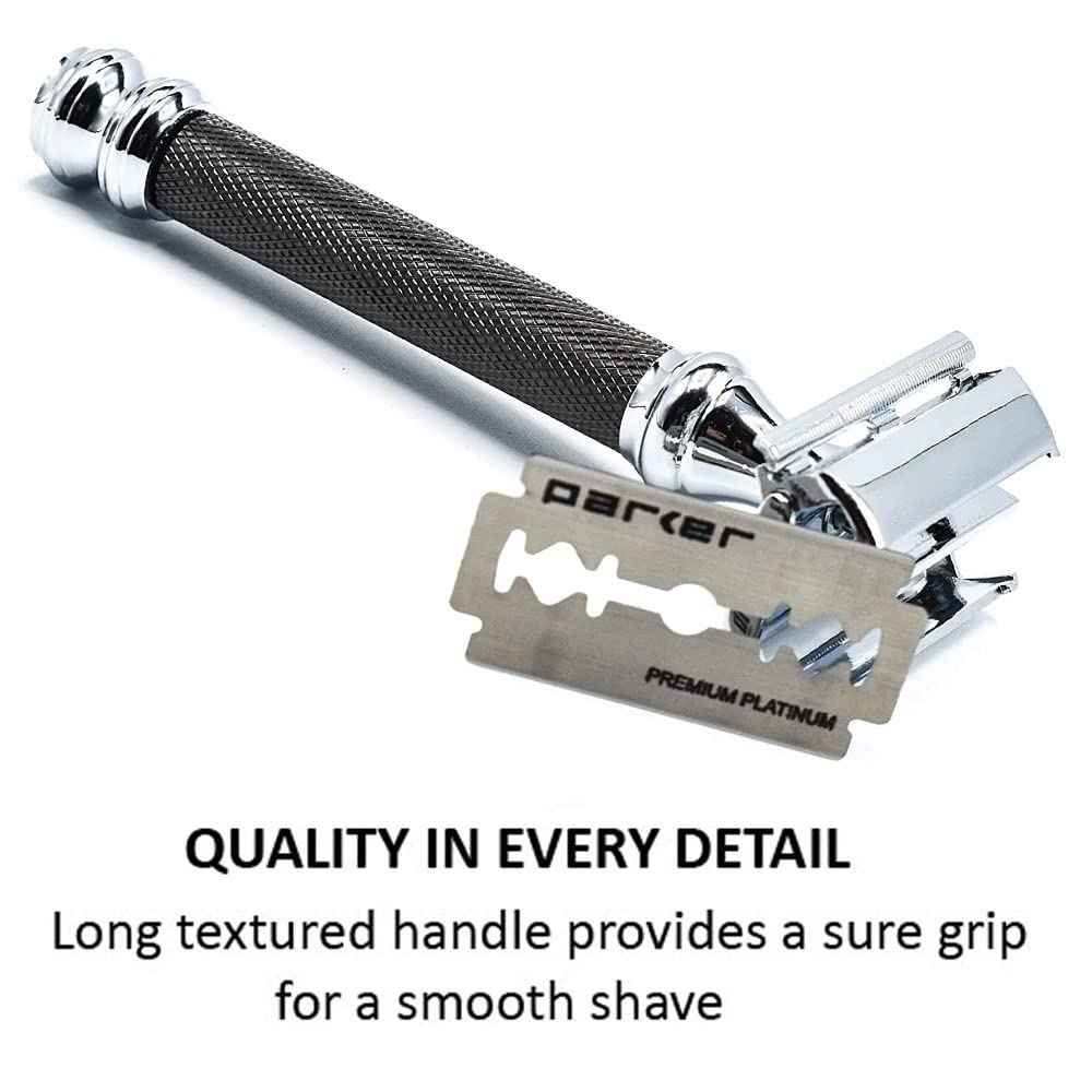 Parker 76R Heavyweight Butterfly Open Safety Razor – Gunmetal Finish with Long Knurled Handle for Precision Wet Shaving