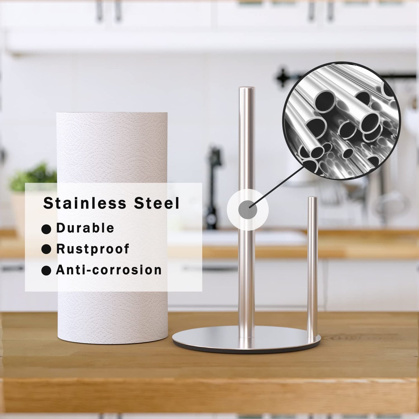 Paper Towel Holder Silver Kitchen Roll Holder, Premium Stainless Steel Paper Towel Holder for Kitchen Roll Organize, Countertop Roll Dispenser with Weighted Base